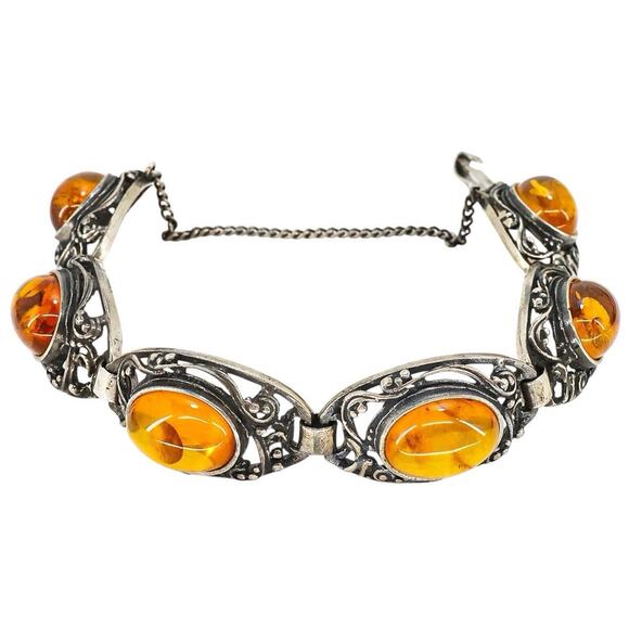 Sterling Silver Filigree Bracelet Baltic Amber Cabs Eastern European 7.5 In Read - Picture 2 of 14